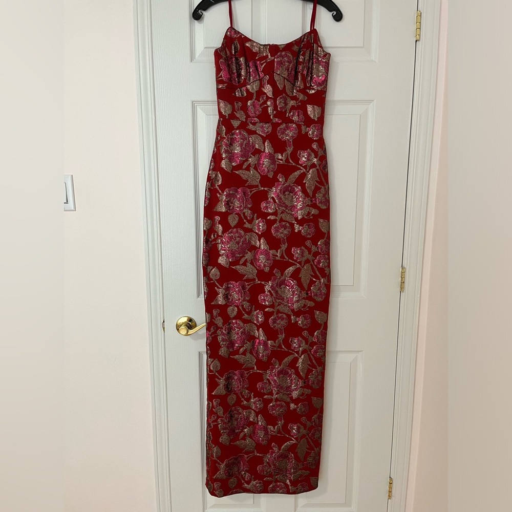 Theia Red and Gold Floral Maxi Dress